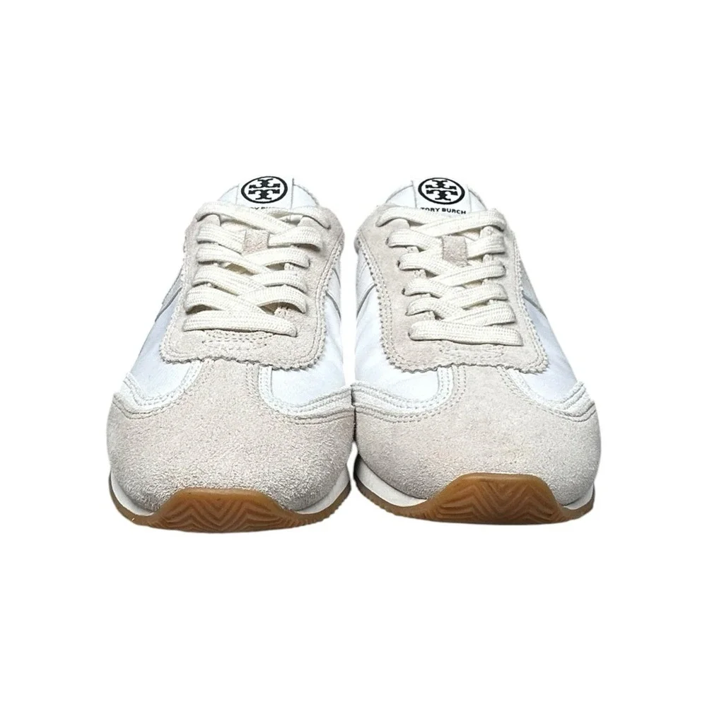 Tory Burch Hank Slim Sneaker Womens 8.5 Ivory White Suede Retro Trainer Gum Sole